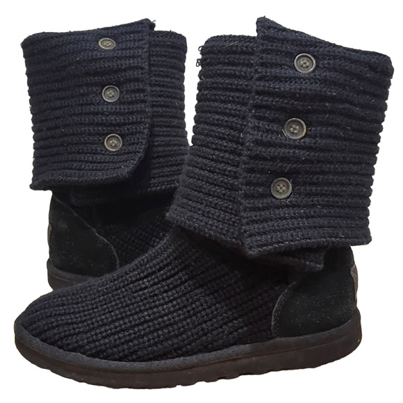 UGG Shoes - UGG Classic Cardy Foldover Knit Soft Button Boots Black Women's Size 7